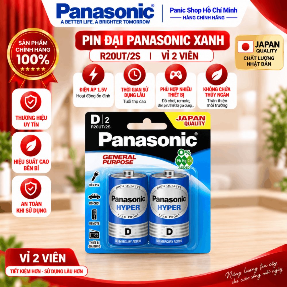 Bộ 2 pin D dùng cho bếp gas - Panasonic đại carbon - R20UT (Xanh)