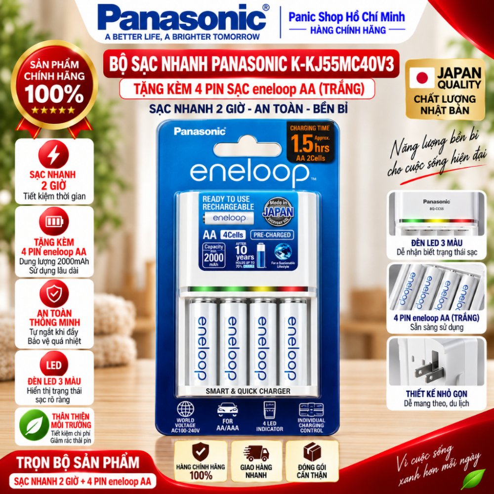 Bộ sạc nhanh 2h Panasonic K-KJ55MC40V3 - Tặng kèm 4 viên pin sạc eneloop trắng AA - Hàng chính hãng