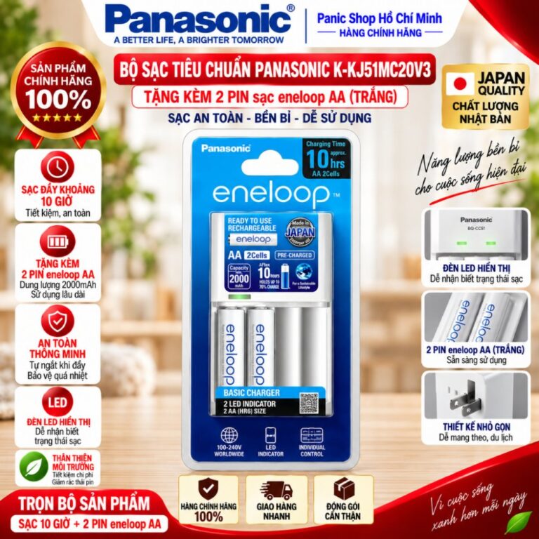 Bộ sạc tiêu chuẩn 10h Panasonic K-KJ51MC20V3 -Tặng kèm 2 pin sạc eneloop trắng - Hàng Chính Hãng