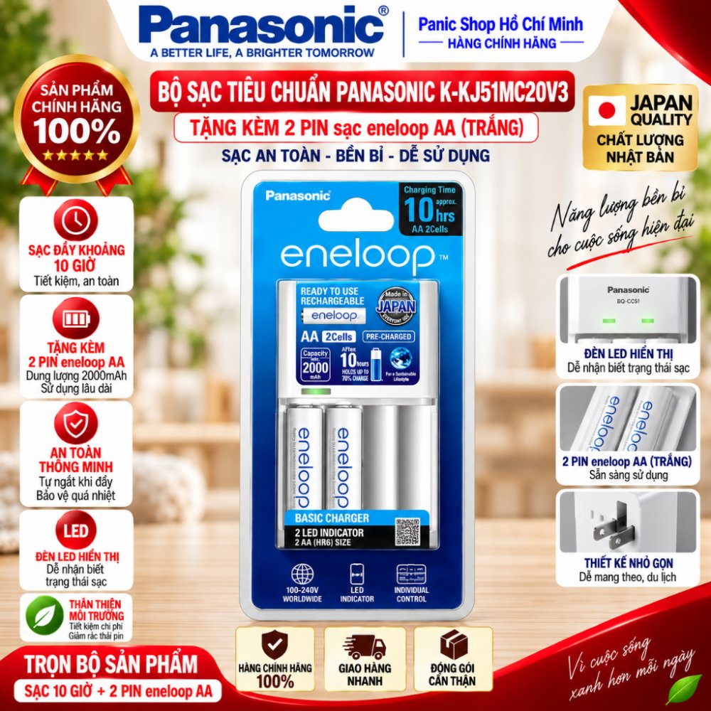 Bộ sạc tiêu chuẩn 10h Panasonic K-KJ51MC20V3 -Tặng kèm 2 pin sạc eneloop trắng - Hàng Chính Hãng