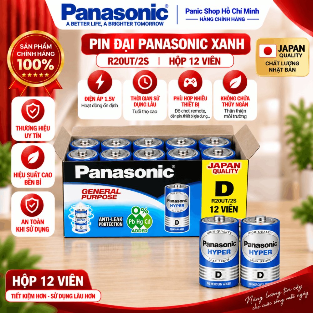 Combo 12 viên Pin Than Đại Panasonic R20UT/2S-V (Xanh) - Hàng Chính Hãng