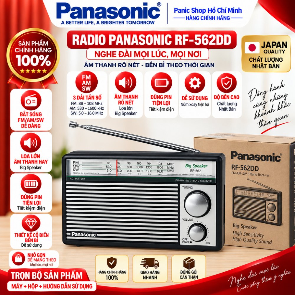 Đài Radio Panasonic RF-562DD Chính Hãng - 3 Băng Tần AM/FM/SW, Loa Lớn Rõ Nét, Tặng Kèm Dây Đeo