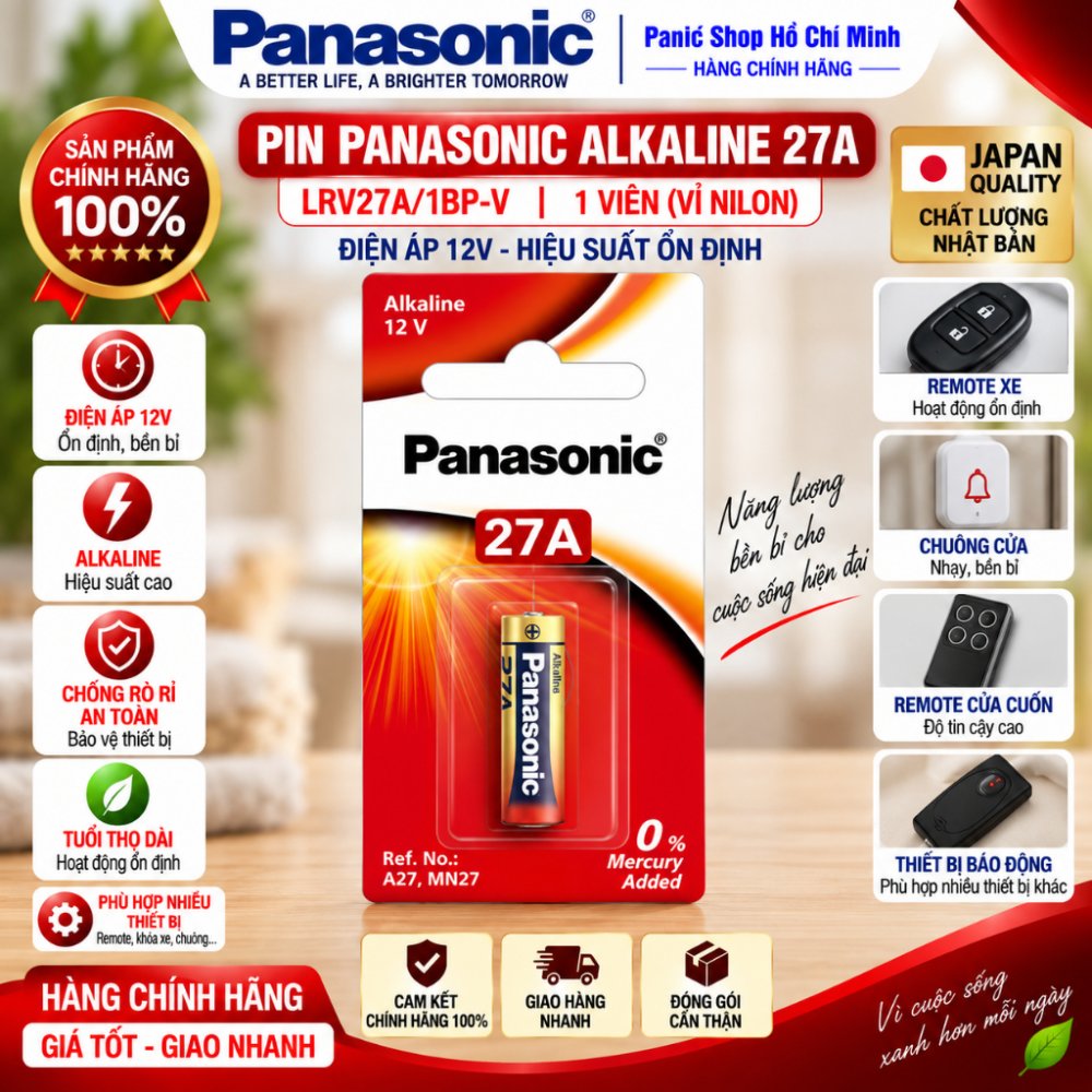 Pin Alkaline 27A 12V chuyên dụng LRV27A/1BPA (vỉ 1 viên) - Hàng chính hãng