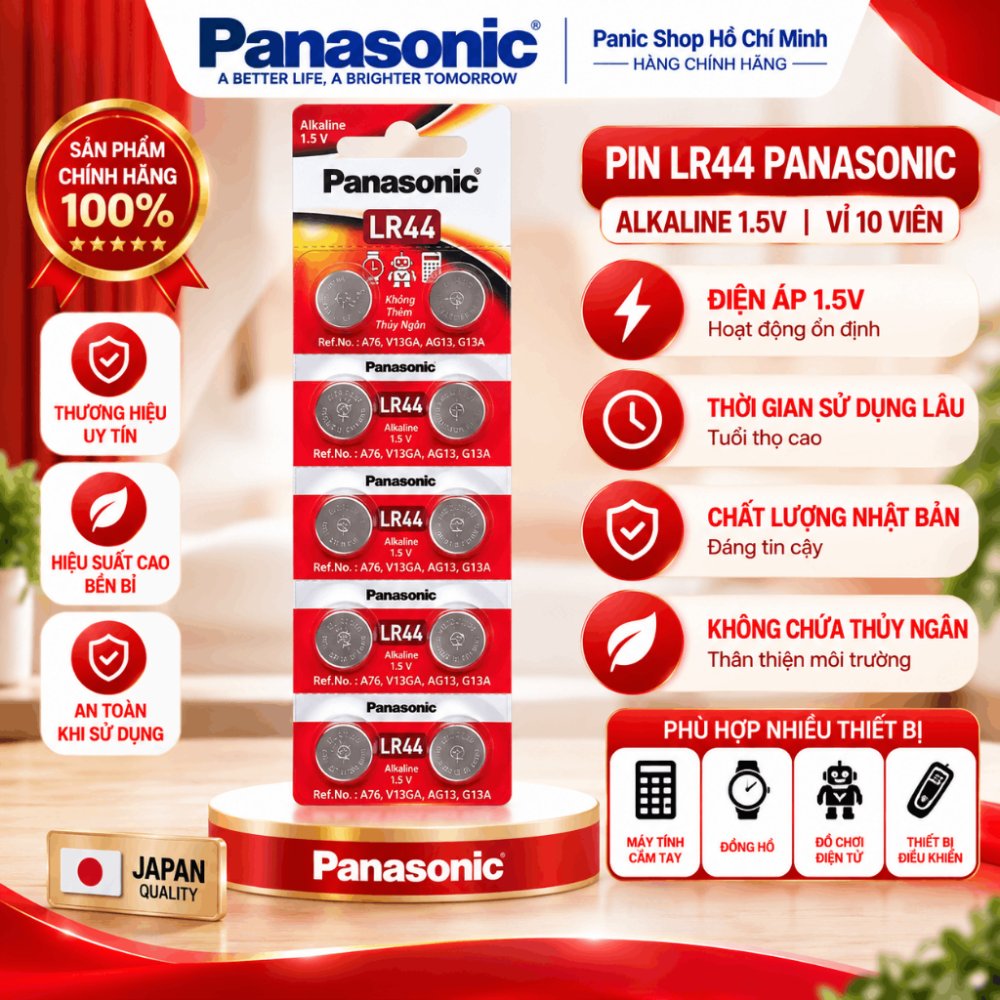 Pin LR44 A76 AG13 G13A Panasonic Alkaline 1.5V vỉ10 viên