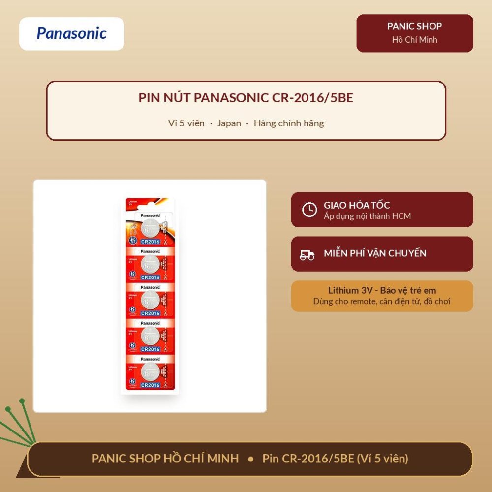 Pin nút Panasonic CR-2016/5BE (Vỉ 5 viên) - Hàng Chính Hãng