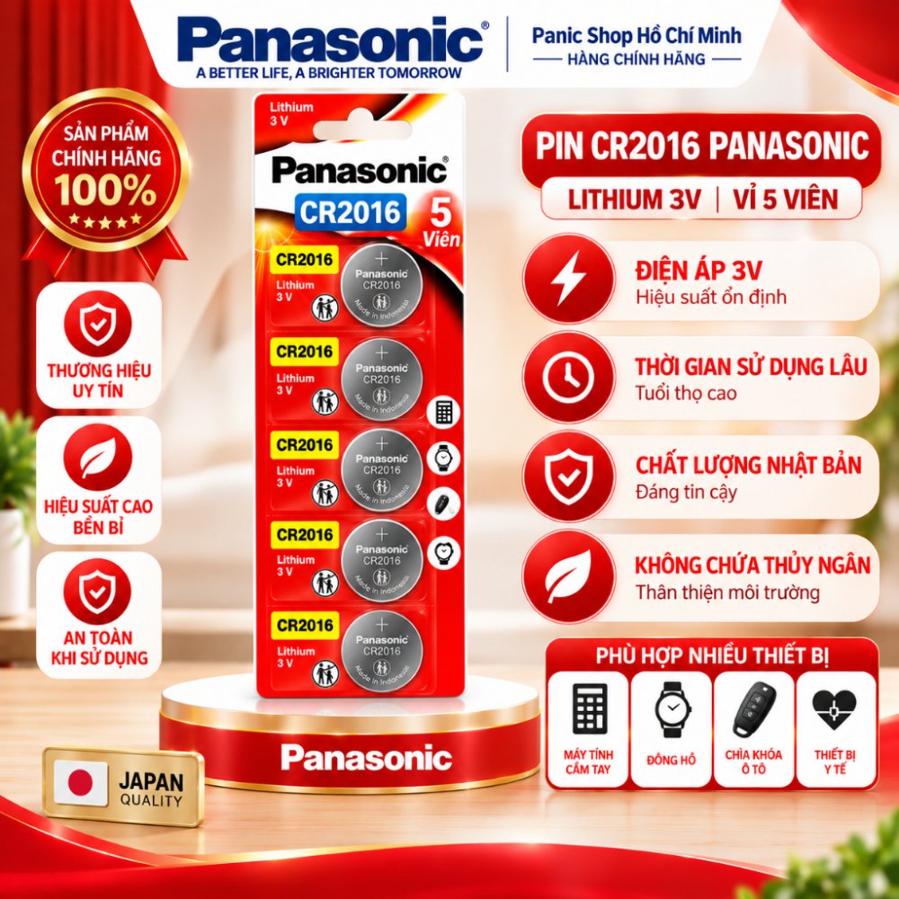 Pin nút Panasonic CR-2016/5BE (Vỉ 5 viên) - Hàng Chính Hãng