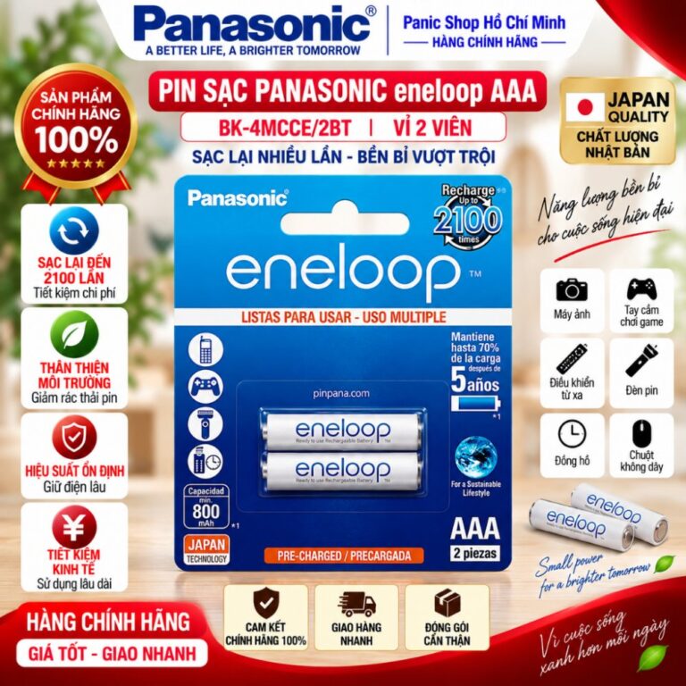 Pin sạc Panasonic eneloop tiêu chuẩn AAA 800mAh - BK-4MCCE2BT6 (Vỉ 2 viên) - Hàng Chính Hãng
