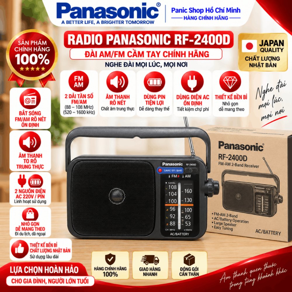 Radio Panasonic RF-2400D - Đài AM/FM Cầm Tay Chính Hãng - Chạy Điện AC/Pin
